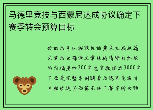 马德里竞技与西蒙尼达成协议确定下赛季转会预算目标